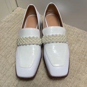 New white pearl trimmed loafers with croc embossed top